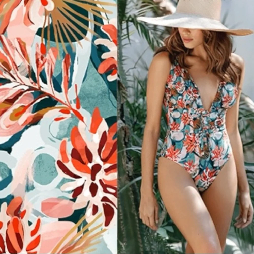 Luxury Cosita Linda Embellished Beaded Plunge OnePiece Bikini Sunrise Print, NWT